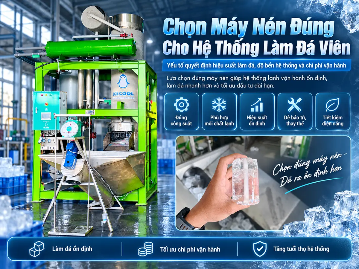 Cách chọn máy nén cho hệ thống làm đá viên: hiểu công suất lạnh, phối hợp giải nhiệt và so sánh cấu hình để đầu tư đúng nhu cầu xưởng.
