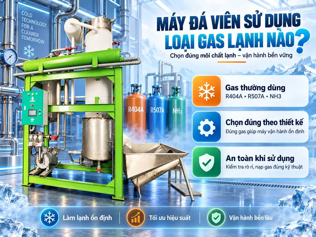Máy đá viên sử dụng loại gas lạnh nào? Nhận diện môi chất theo nhãn máy, hiểu giới hạn R22, R404A, R507A và những điều cần xác minh trước khi thay gas.