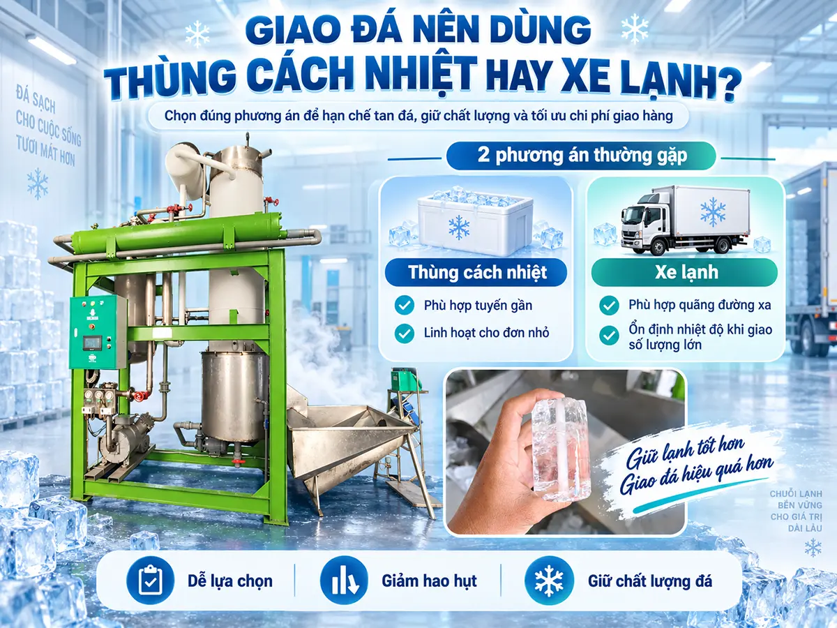 Nên dùng thùng cách nhiệt hay xe lạnh giao đá? So sánh theo thời gian giao, điểm dừng, chất lượng đá và chi phí để chọn phương án phù hợp.